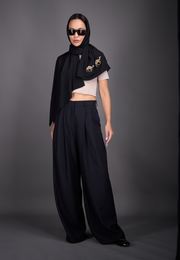 Model wearing 3-in-1 linen set with silk scarf, front view – East Vibe